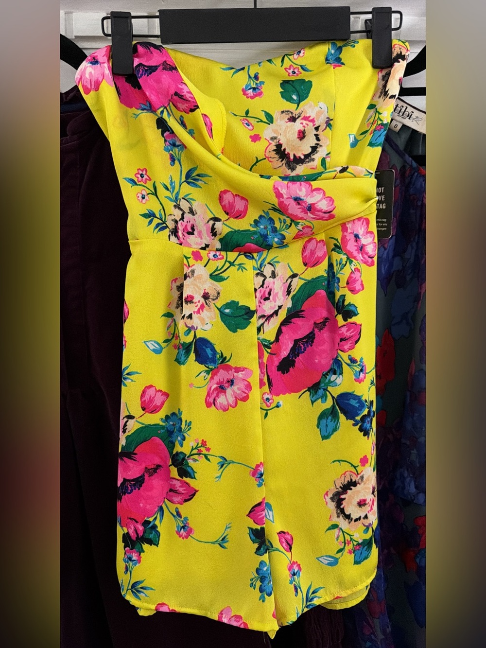 Express Yellow Strapless Mini Dress with Pink and Blue Floral Print